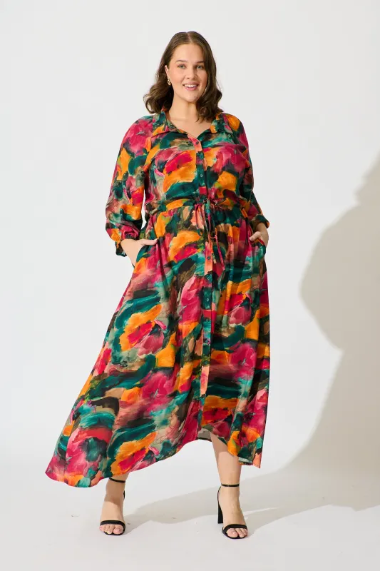 Neroli Midi Shirt Dress in Multi Watercolour Print sold by St Frock