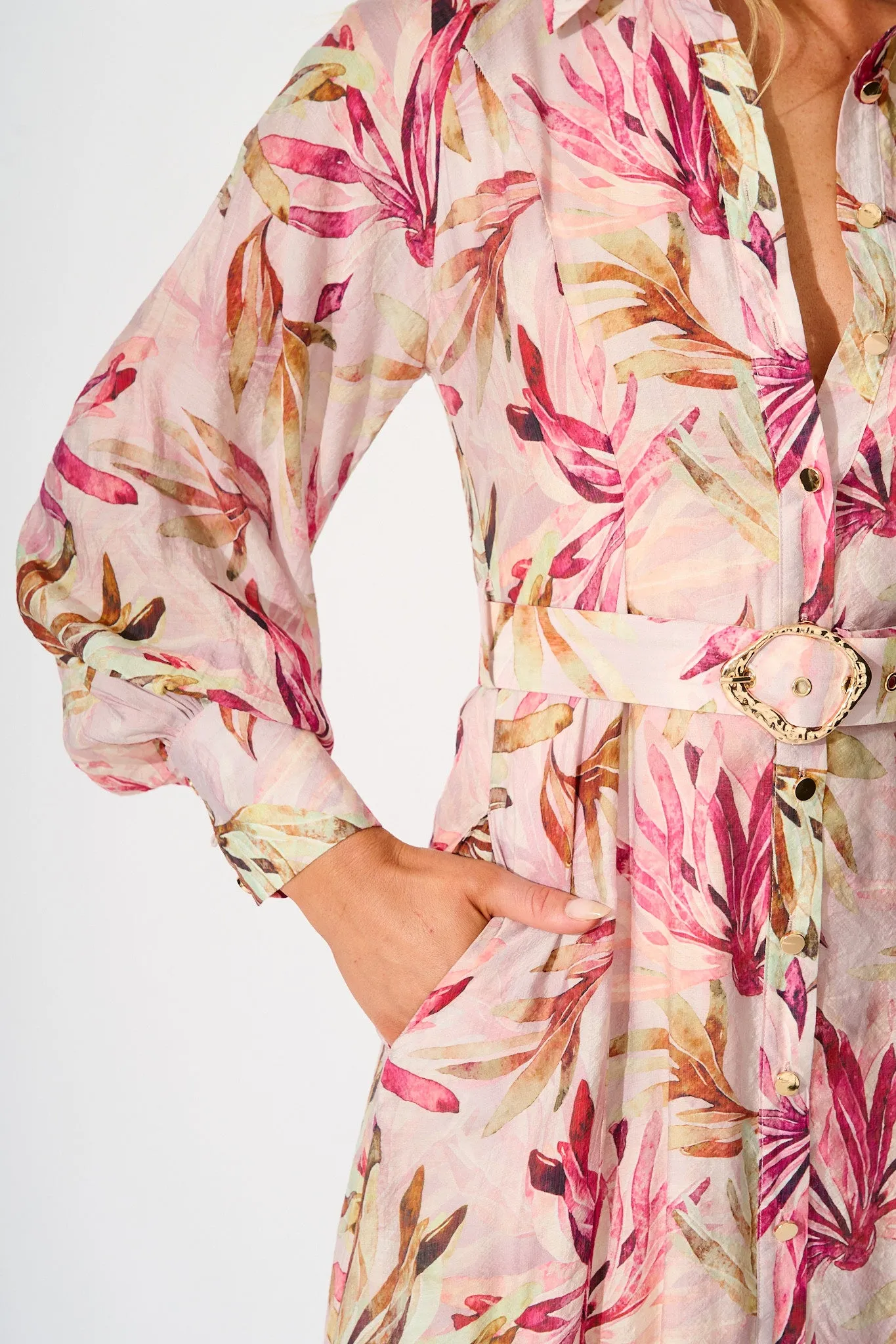 Lira Midi Shirt Dress in Pink Leaf Print sold by St Frock product image thumbnail 5
