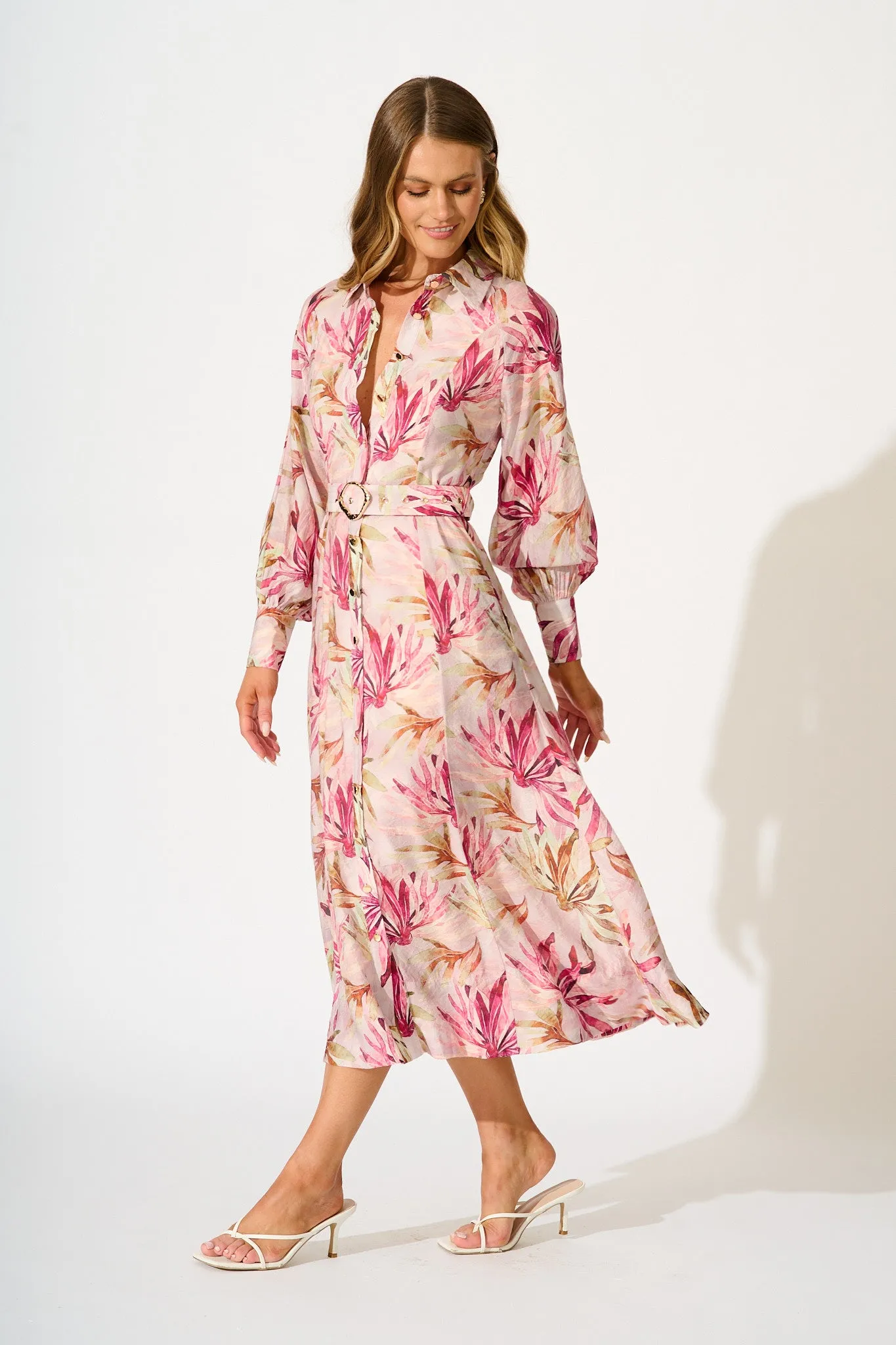 Lira Midi Shirt Dress in Pink Leaf Print sold by St Frock product image thumbnail 3