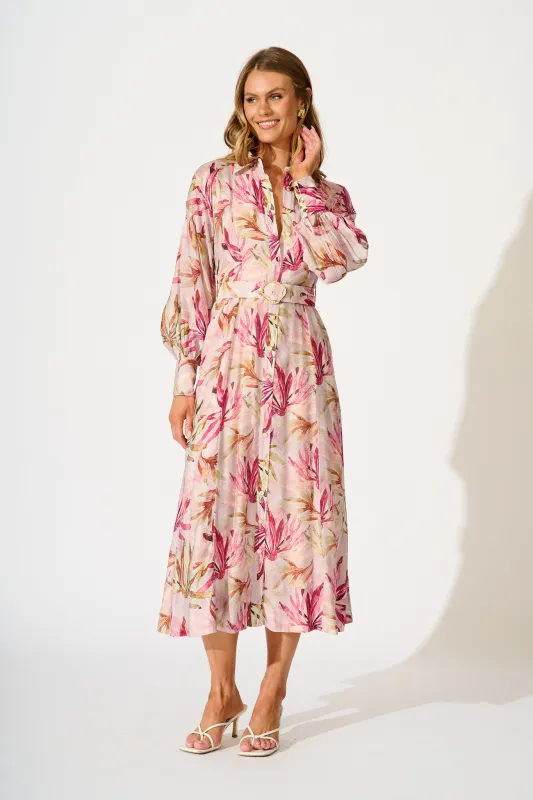 Lira Midi Shirt Dress in Pink Leaf Print sold by St Frock