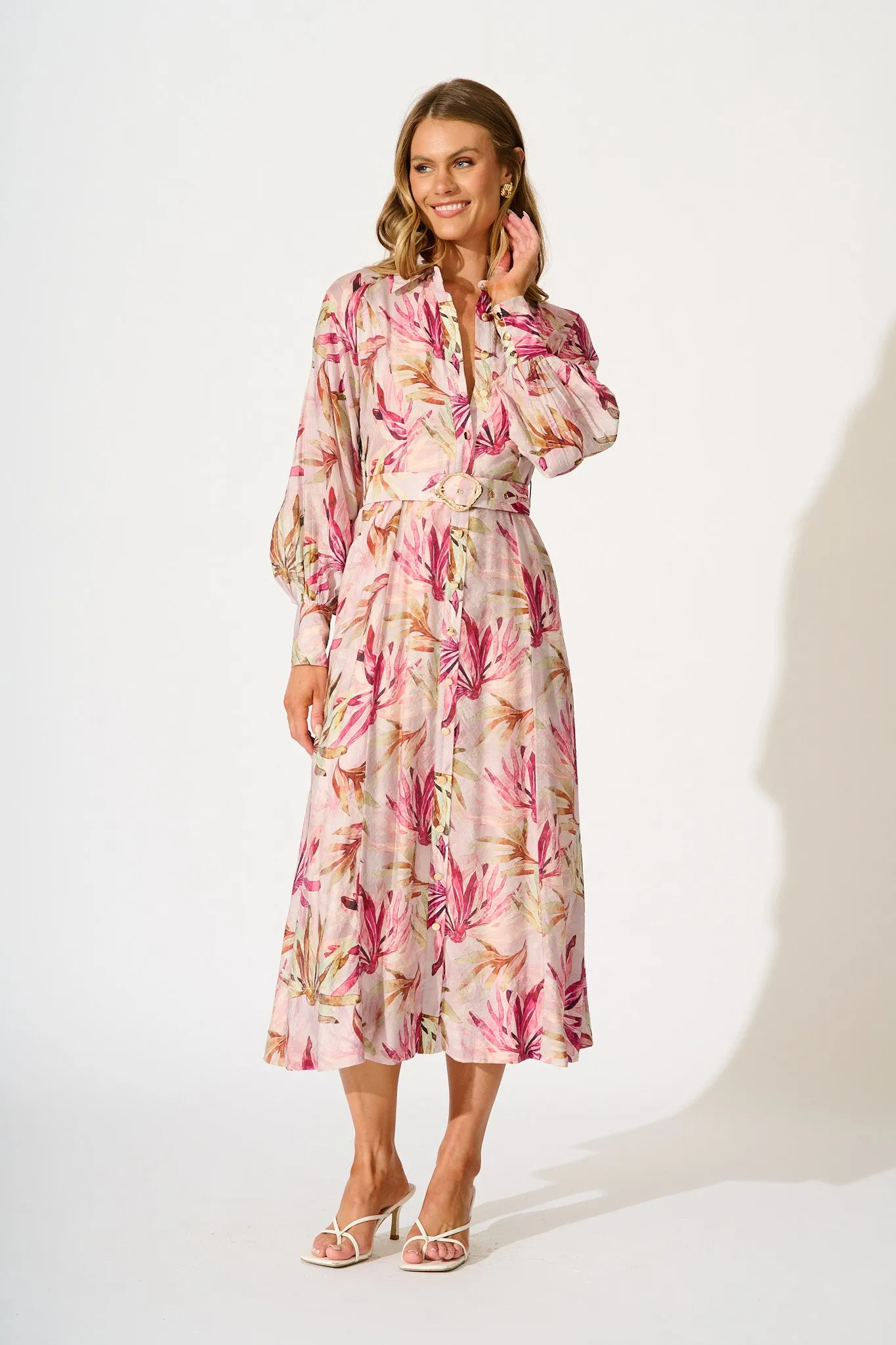 Lira Midi Shirt Dress in Pink Leaf Print sold by St Frock