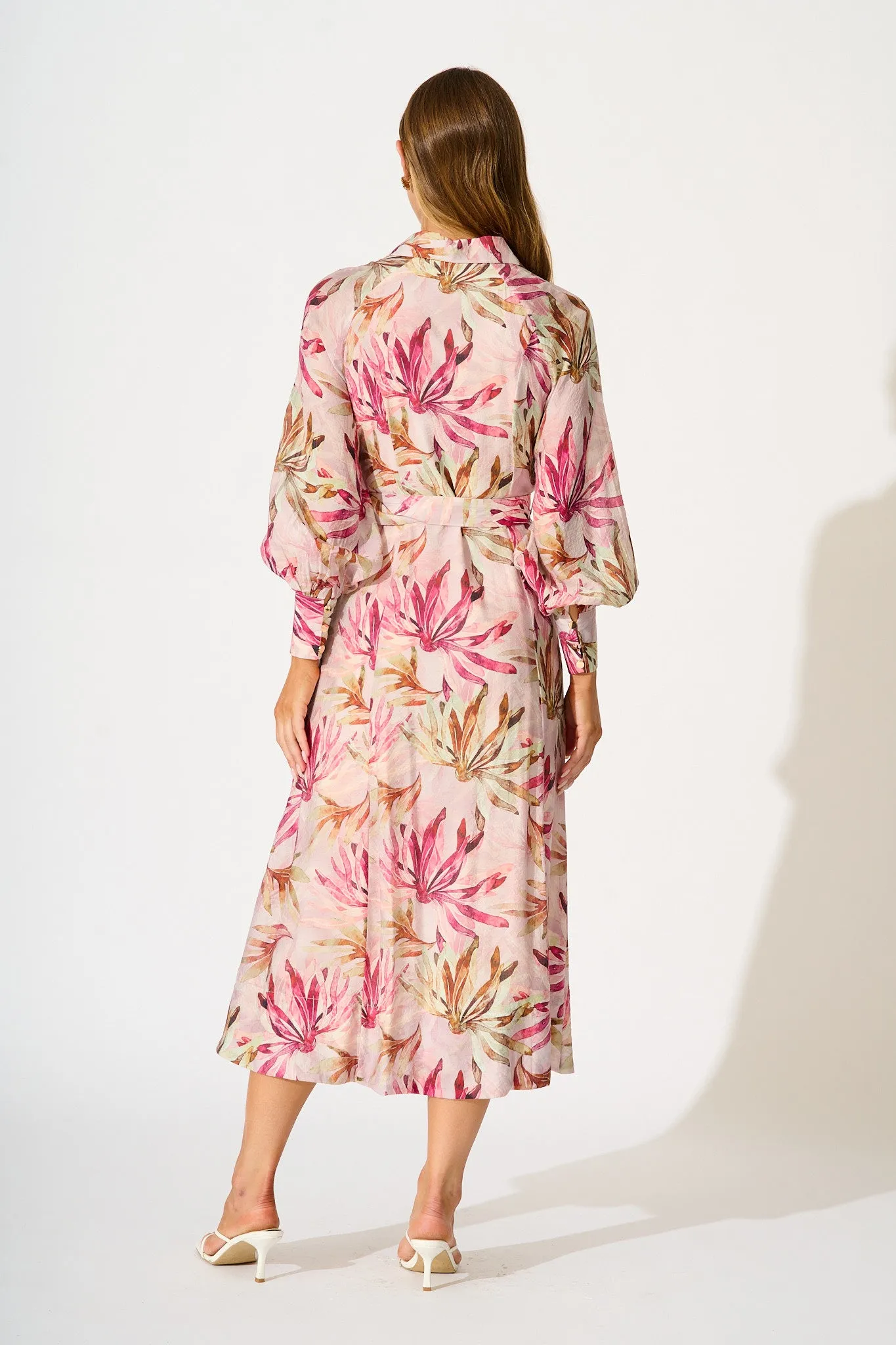 Lira Midi Shirt Dress in Pink Leaf Print sold by St Frock product image thumbnail 4