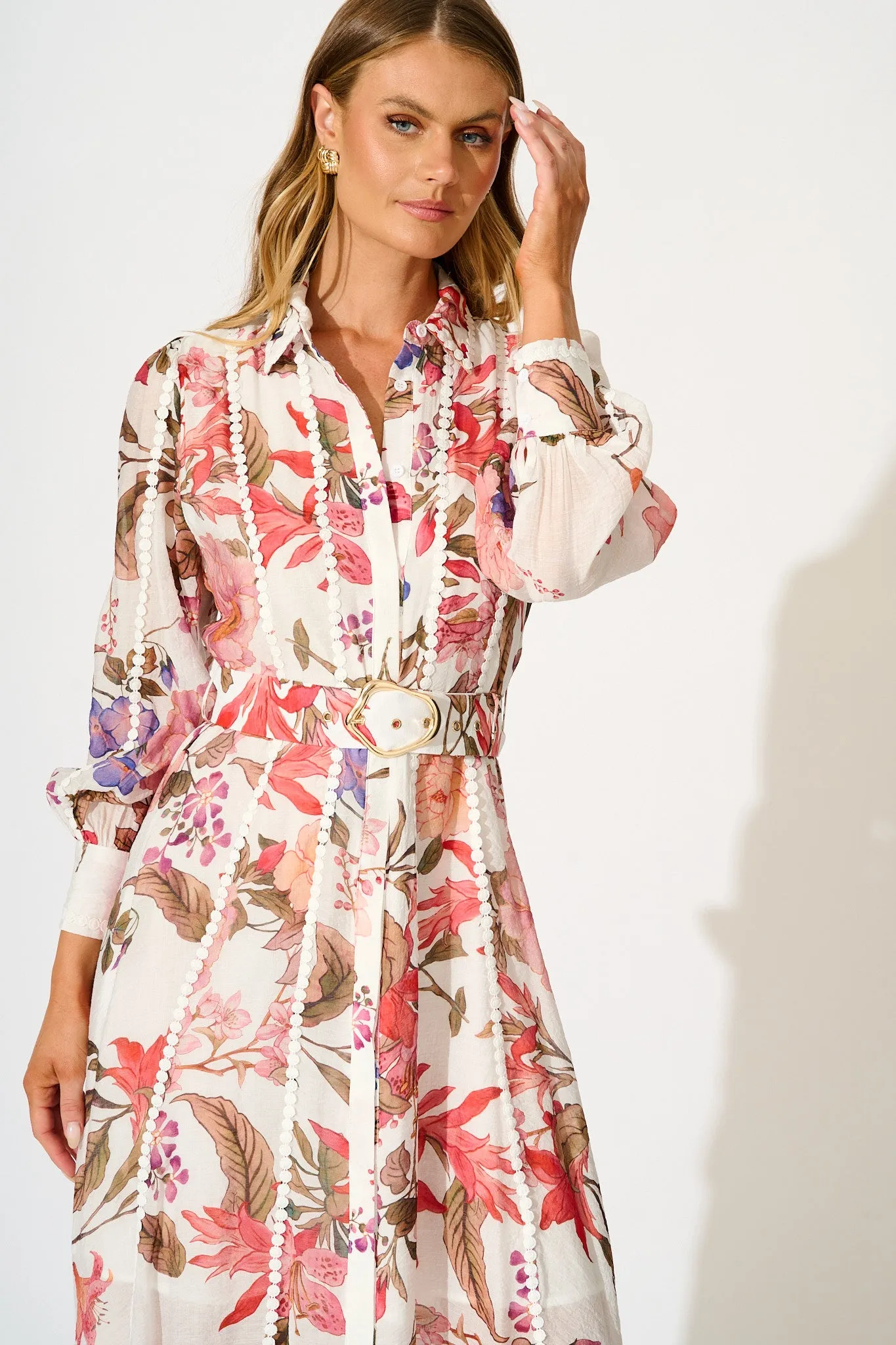 Lovingly Maxi Shirt Dress in White with Multi Floral sold by St Frock product image thumbnail 2