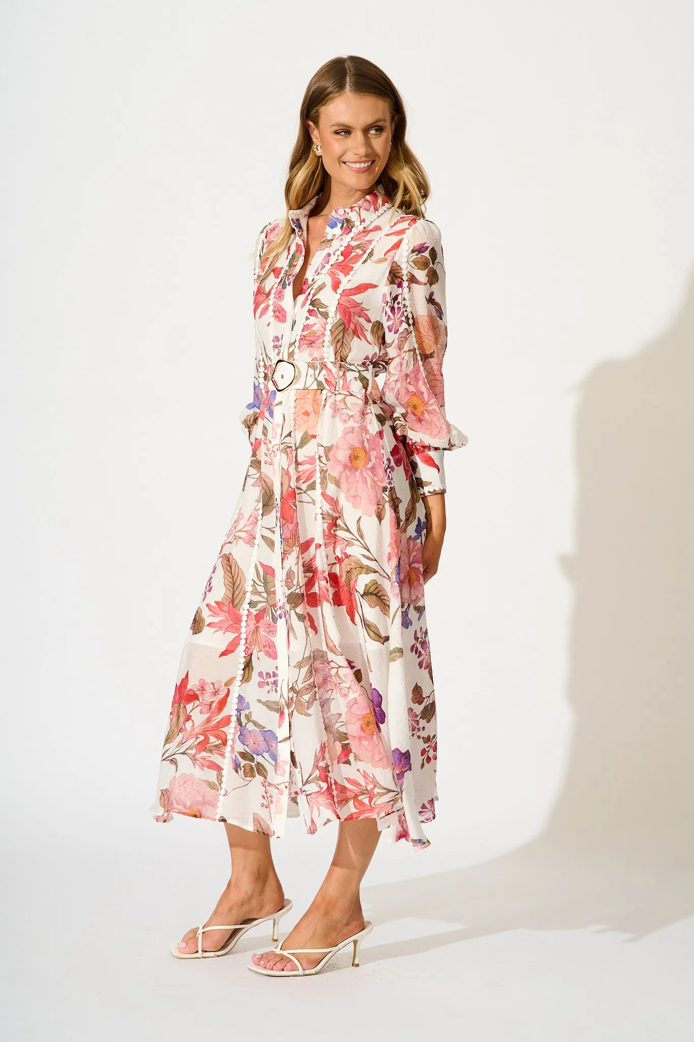 Lovingly Maxi Shirt Dress in White with Multi Floral sold by St Frock product image thumbnail 3