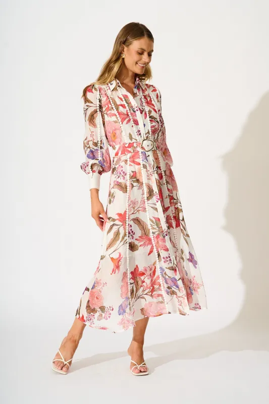 Lovingly Maxi Shirt Dress in White with Multi Floral sold by St Frock
