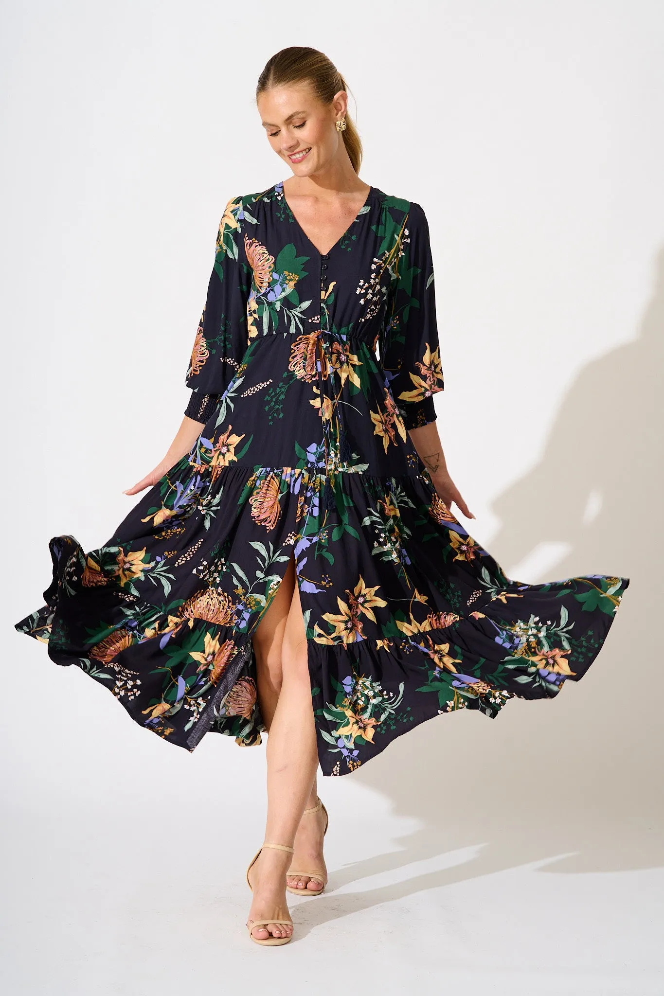 Francis Midi Dress in Navy with Multi Floral sold by St Frock
