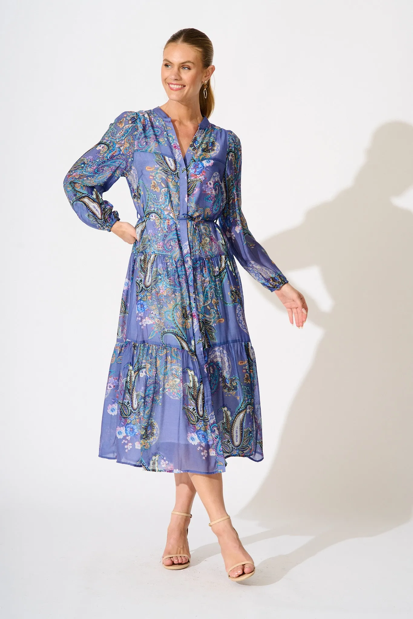 Lottie Midi Dress in Blue Multi Print sold by St Frock