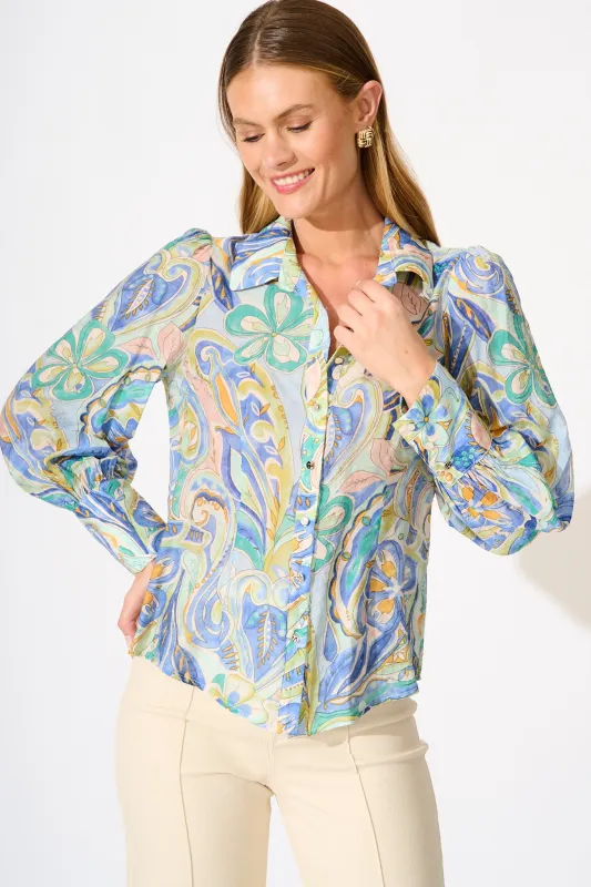Dahlia Shirt in Blue Multi Print sold by St Frock
