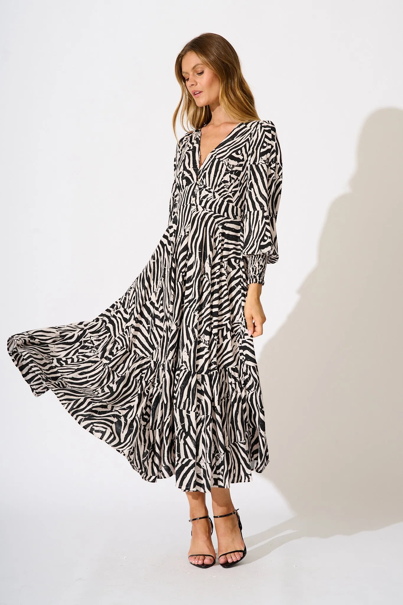 Neveena Maxi Dress In Black with Cream Print sold by St Frock