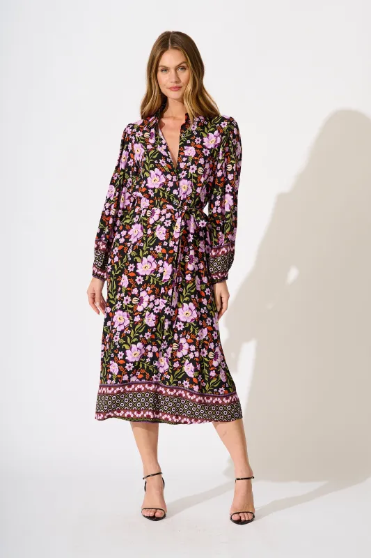 Payton Midi Shirt Dress in Black Multi Floral sold by St Frock
