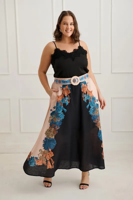Floral Muse Maxi Skirt in Black Multi Floral Linen Blend sold by St Frock