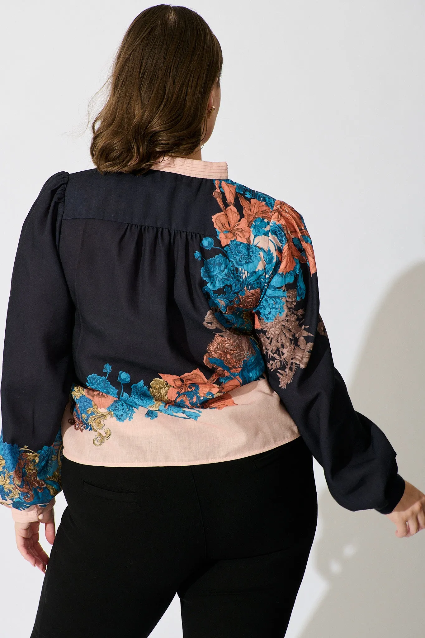 Secret Bloom Blouse Top in Black Multi Floral Linen Blend sold by St Frock product image thumbnail 5