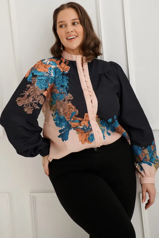 Secret Bloom Blouse Top in Black Multi Floral Linen Blend sold by St Frock