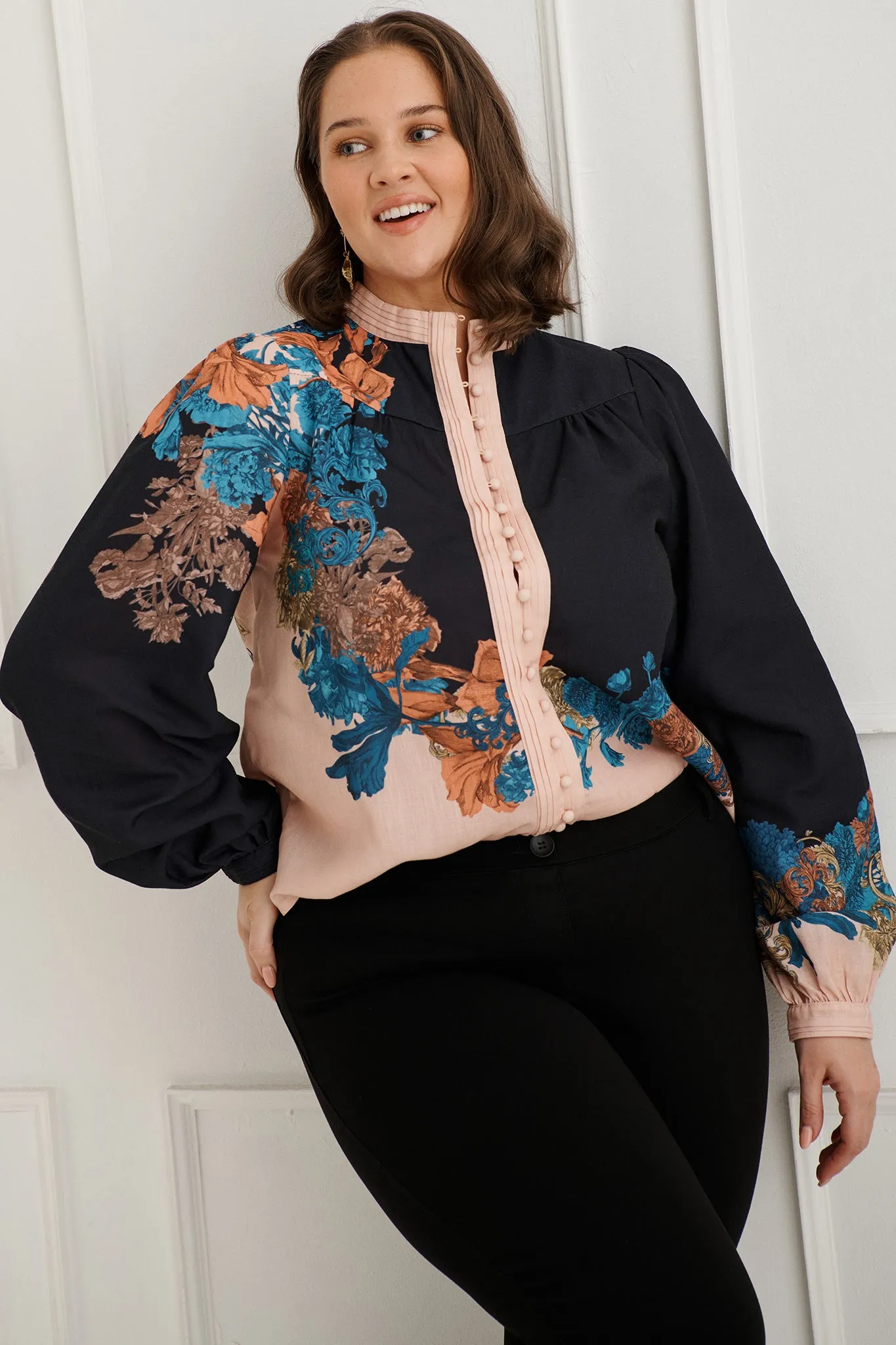 Secret Bloom Blouse Top in Black Multi Floral Linen Blend sold by St Frock