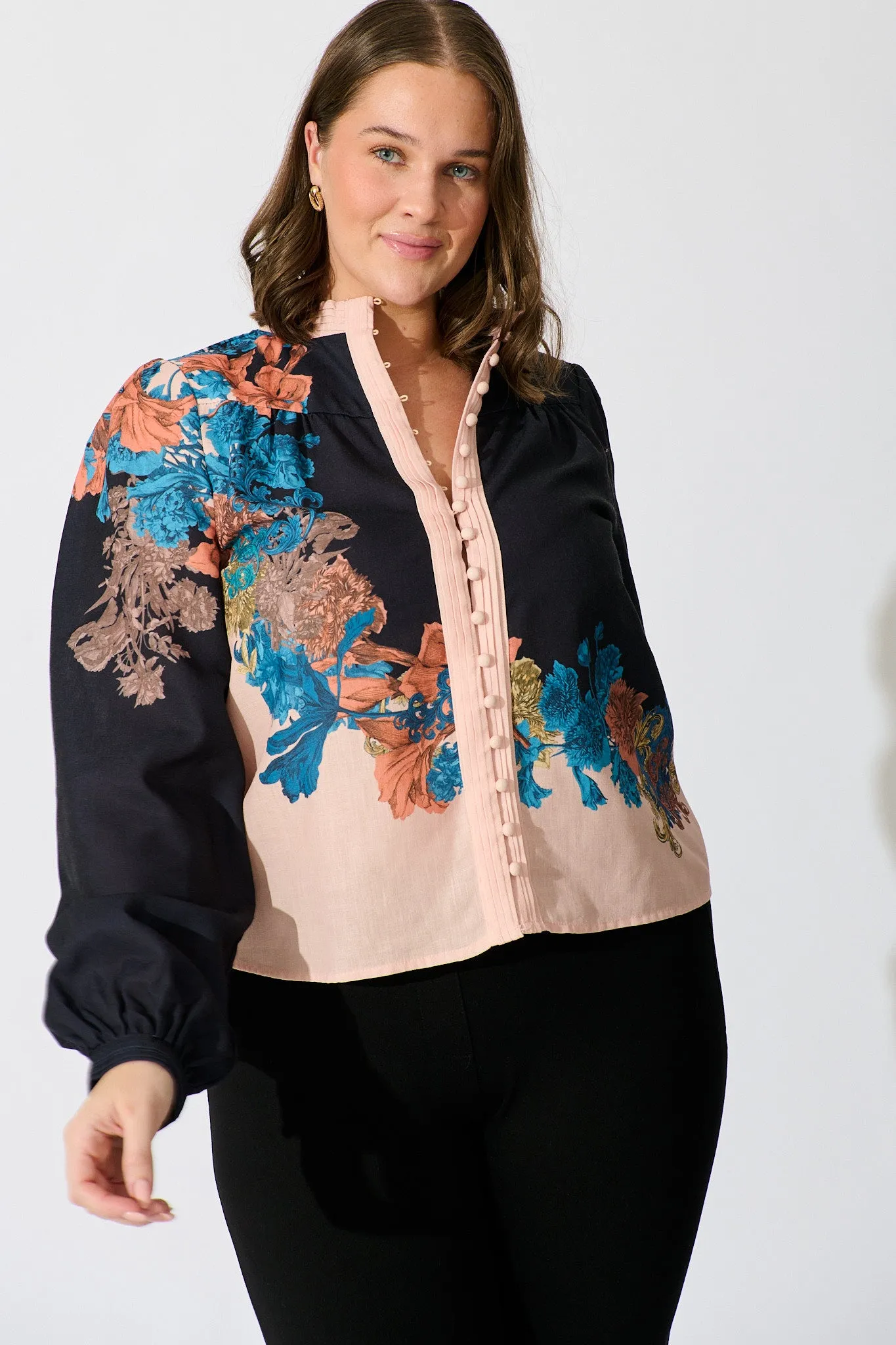 Secret Bloom Blouse Top in Black Multi Floral Linen Blend sold by St Frock product image thumbnail 2