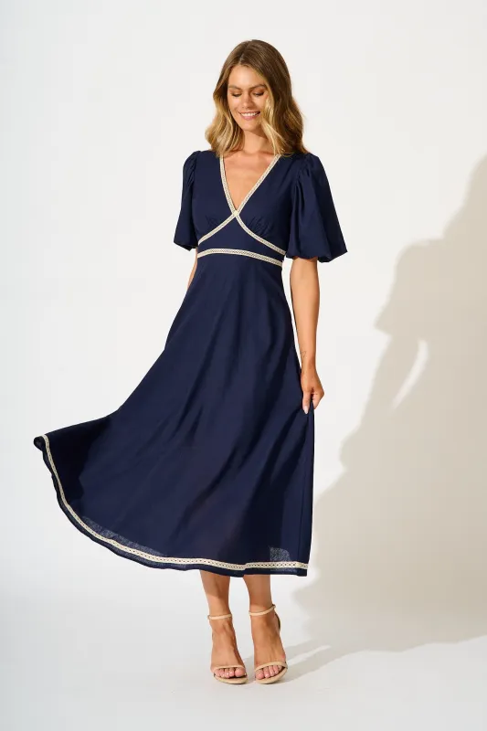 Soft Serenade Midi Dress in Navy Linen Blend sold by St Frock