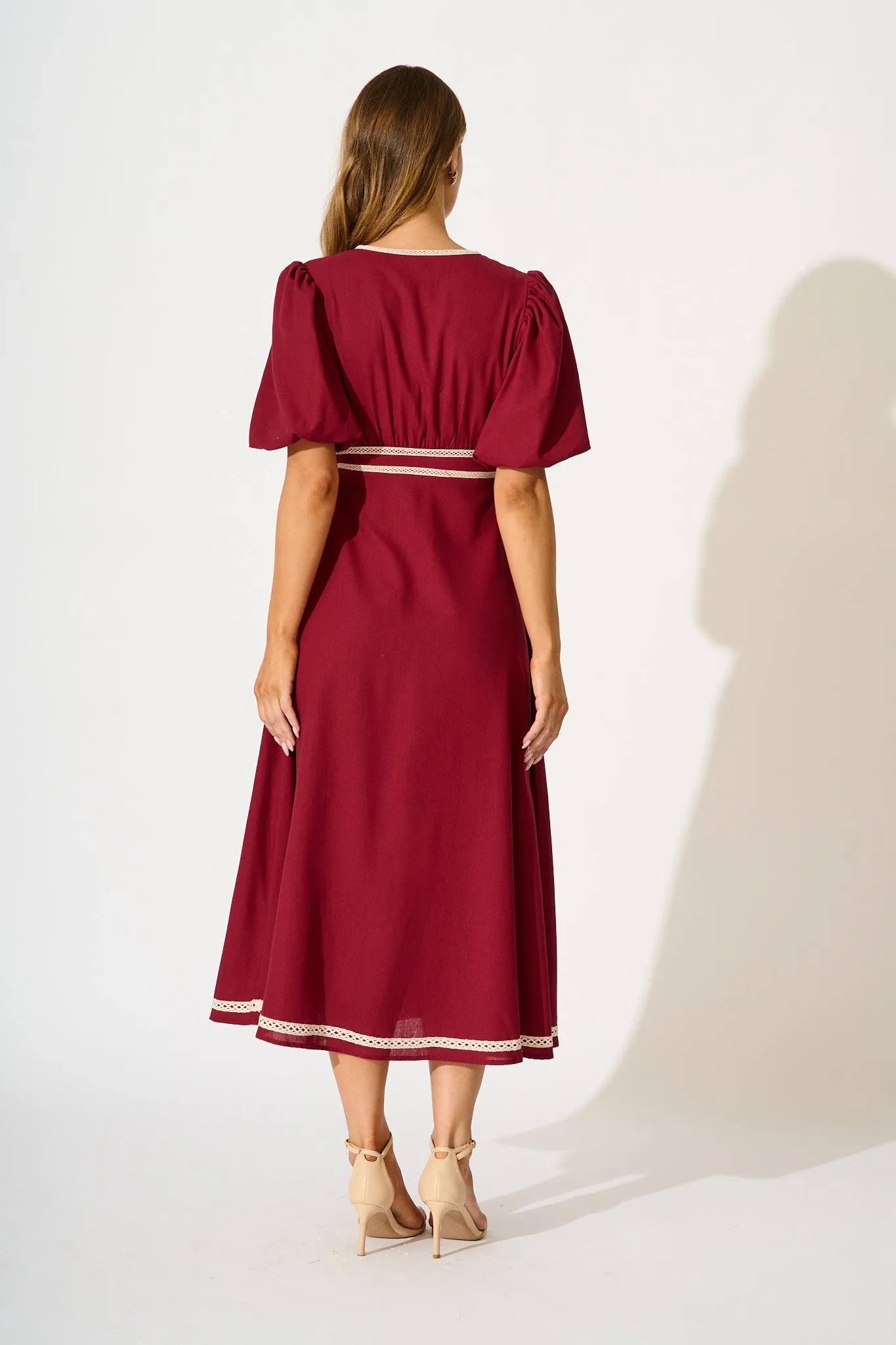 Soft Serenade Midi Dress in Wine Linen Blend sold by St Frock product image thumbnail 4