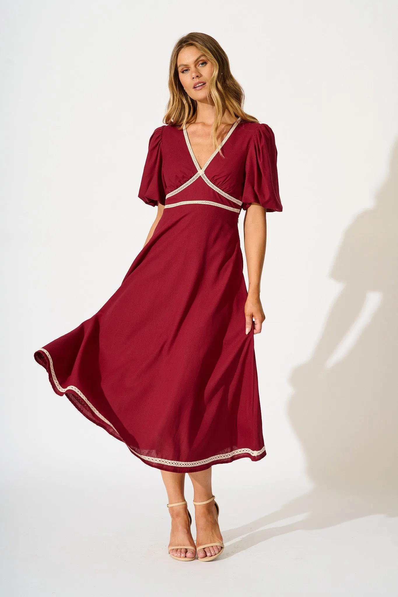 Soft Serenade Midi Dress in Wine Linen Blend sold by St Frock