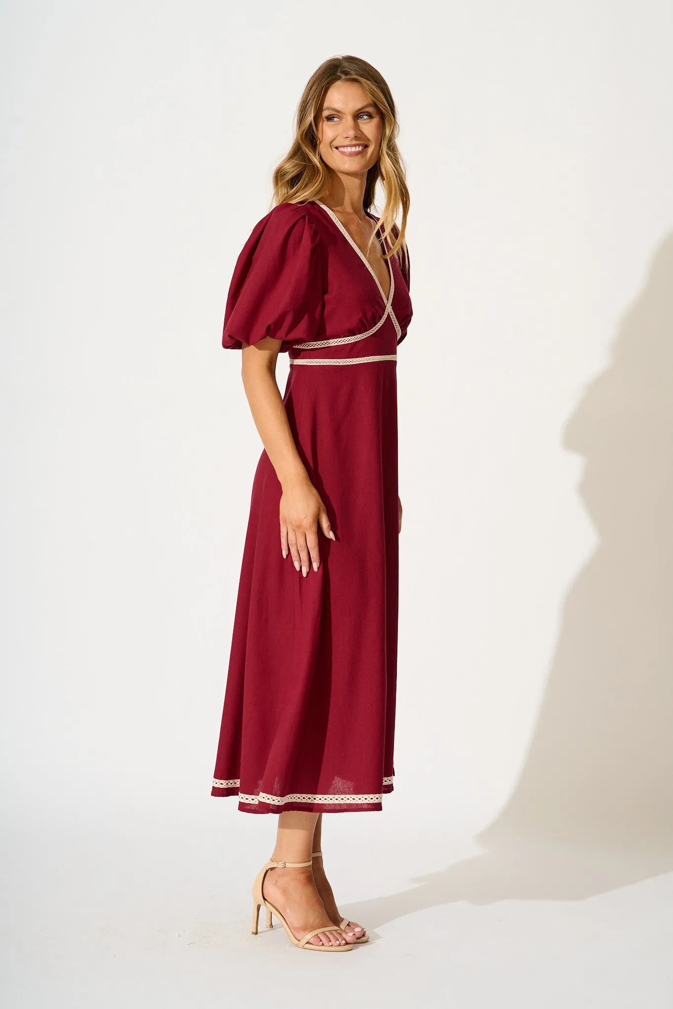 Soft Serenade Midi Dress in Wine Linen Blend sold by St Frock product image thumbnail 3