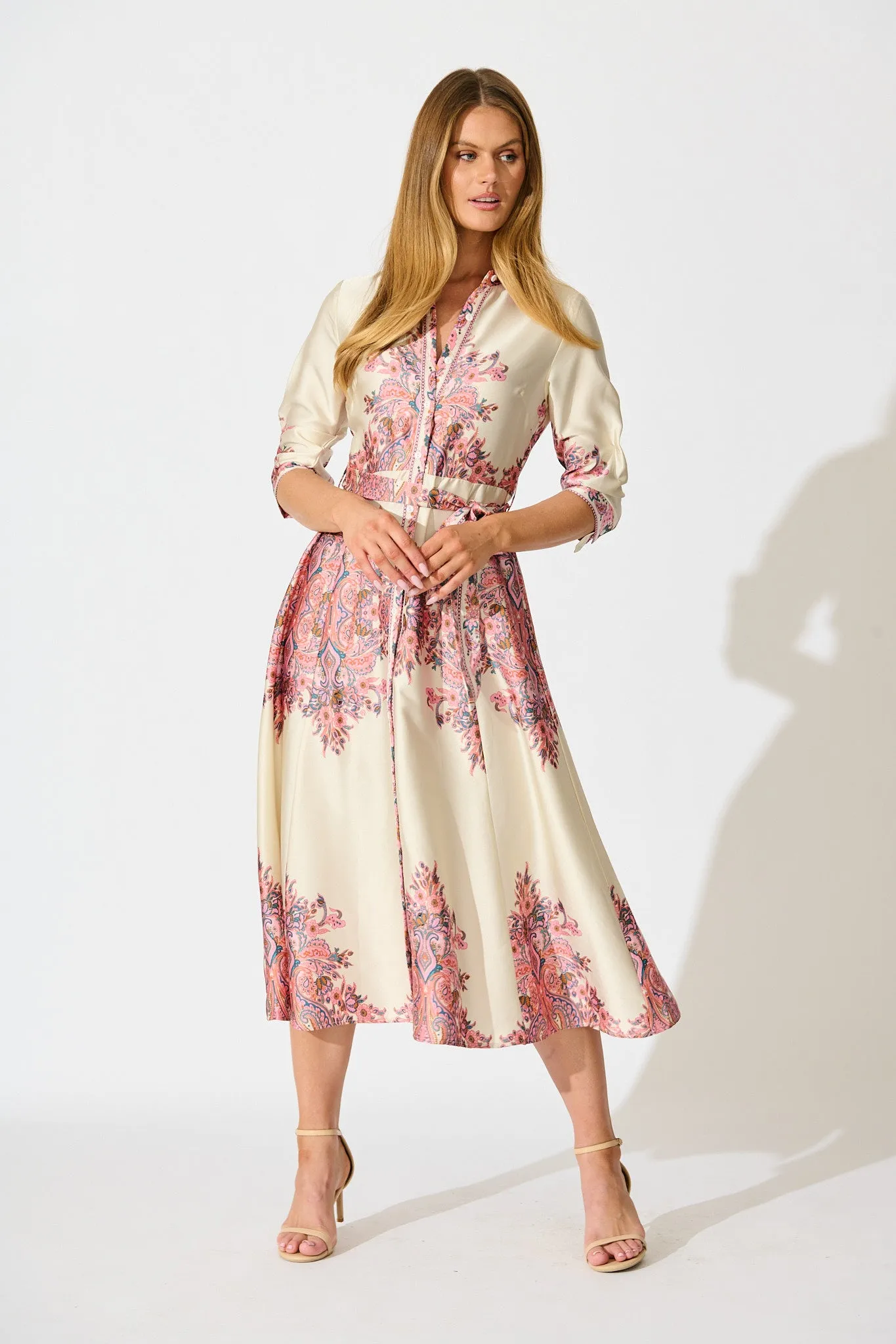 Alvana Midi Shirt Dress in Cream and Pink Print Satin sold by St Frock