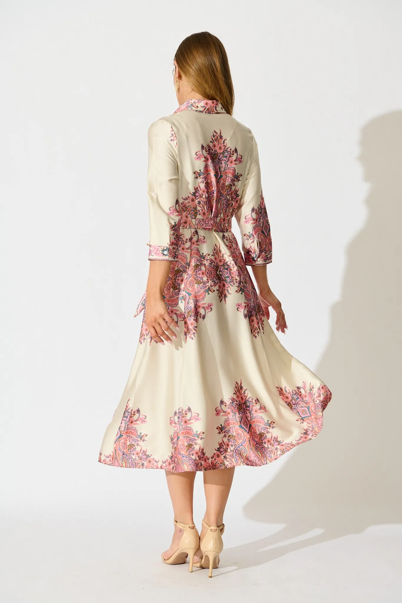 Alvana Midi Shirt Dress in Cream and Pink Print Satin sold by St Frock product image thumbnail 4