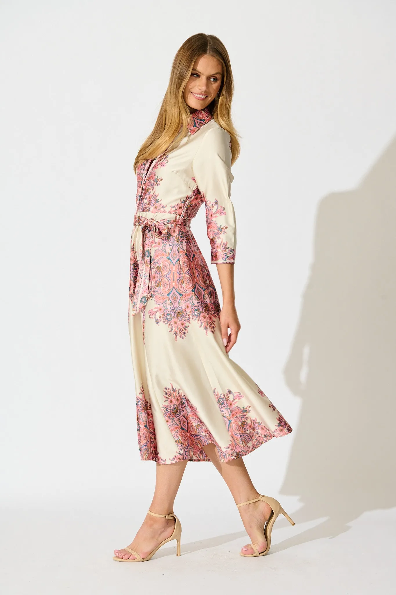 Alvana Midi Shirt Dress in Cream and Pink Print Satin sold by St Frock product image thumbnail 3