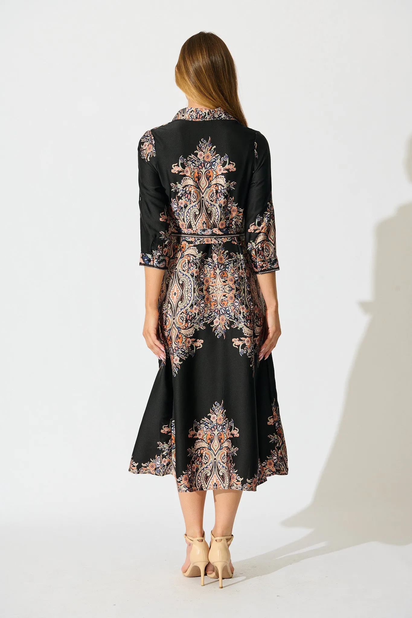 Alvana Midi Shirt Dress in Black and Multi Print Satin sold by St Frock product image thumbnail 4
