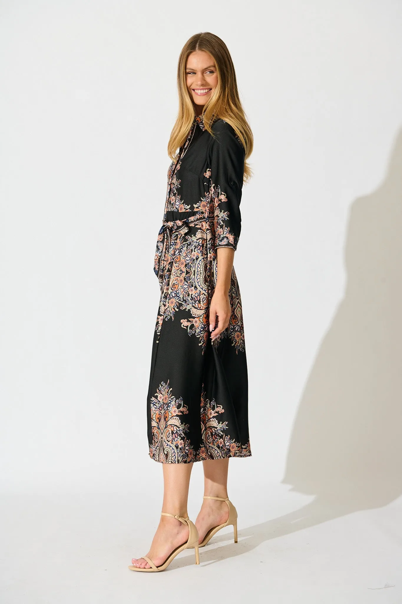 Alvana Midi Shirt Dress in Black and Multi Print Satin sold by St Frock product image thumbnail 3