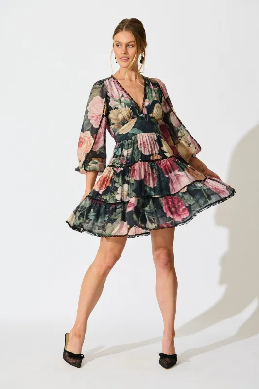 PRE ORDER Riverstone Dress in Dark Multi Floral with Black Lace Trim sold by St Frock
