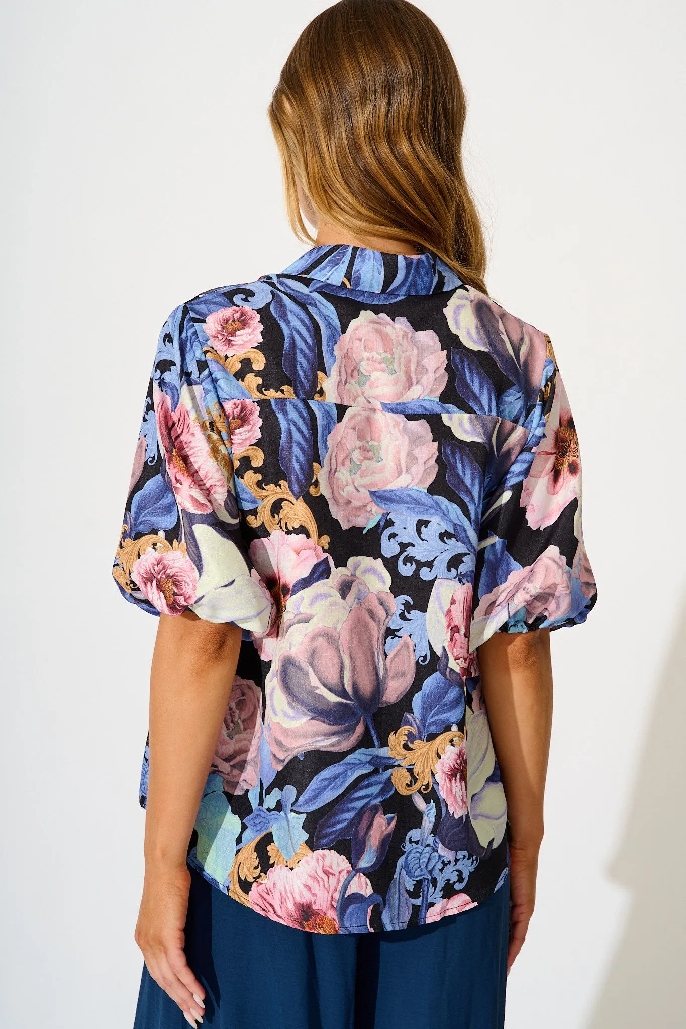 Whimsical Shirt in Multi Blue Floral Linen Blend sold by St Frock product image thumbnail 3