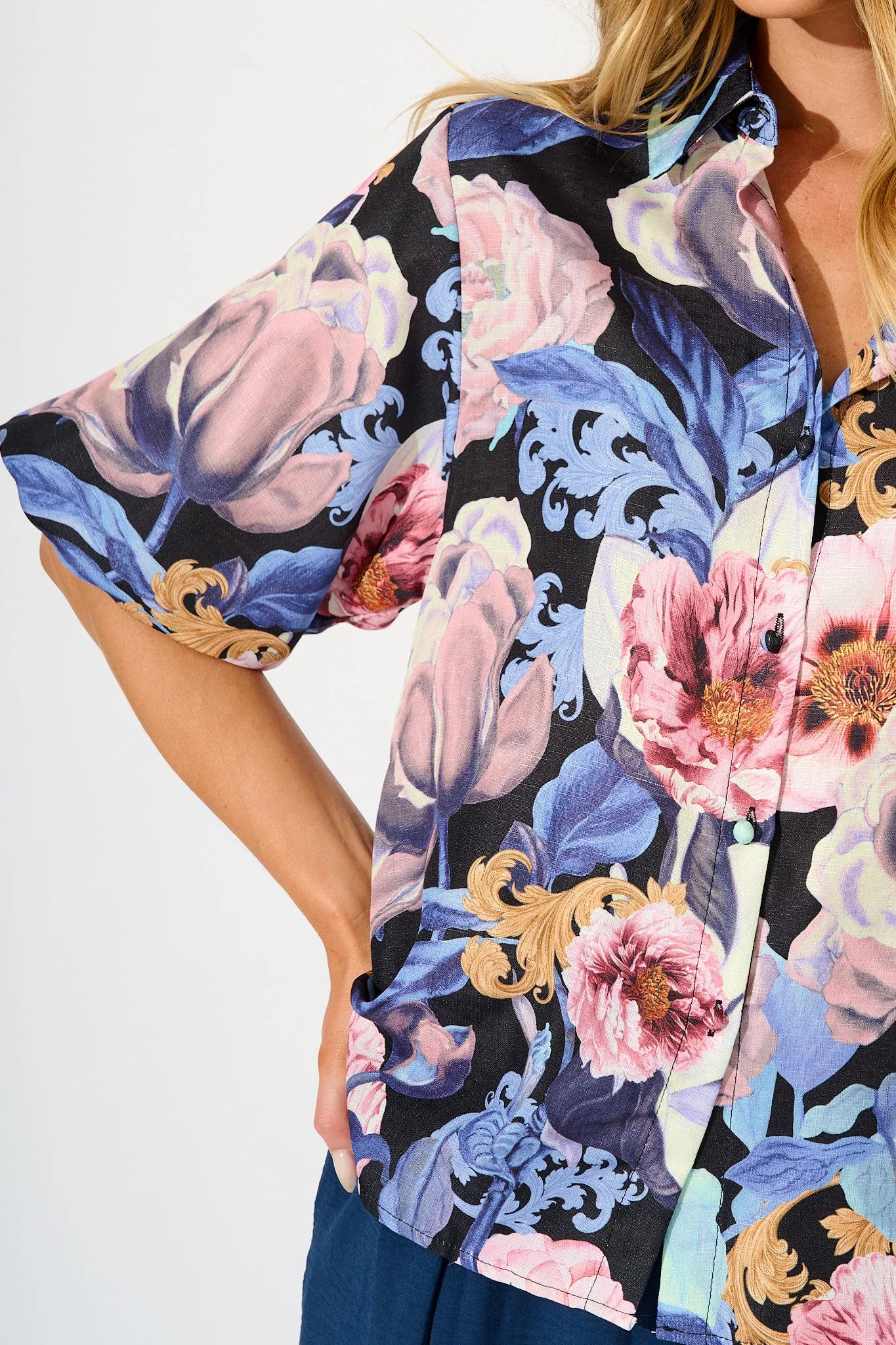 Whimsical Shirt in Multi Blue Floral Linen Blend sold by St Frock product image thumbnail 5