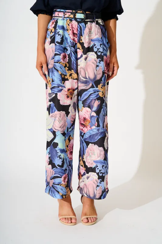 Fantasy Pant in Multi Blue Floral Linen Blend sold by St Frock