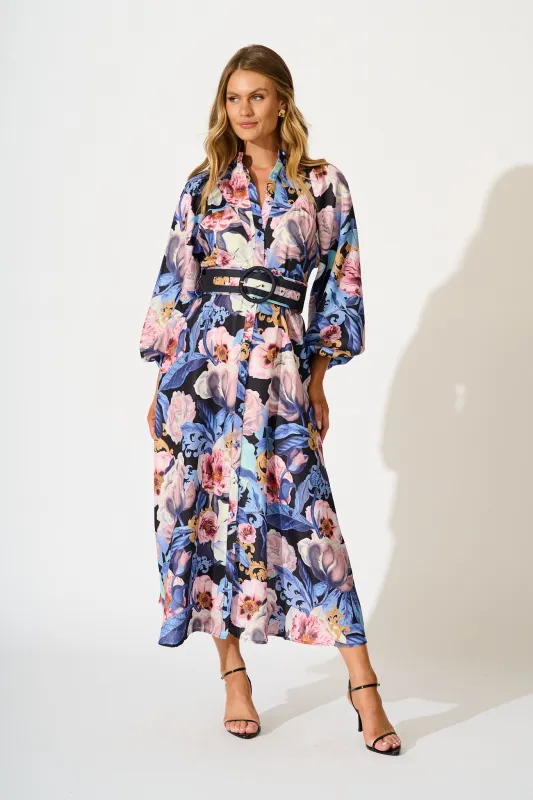 Garden Gala Maxi Dress in Multi Blue Floral Linen Blend sold by St Frock