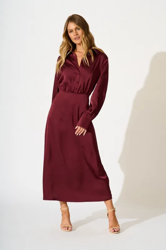 Olsen Maxi Dress in Wine Satin sold by St Frock