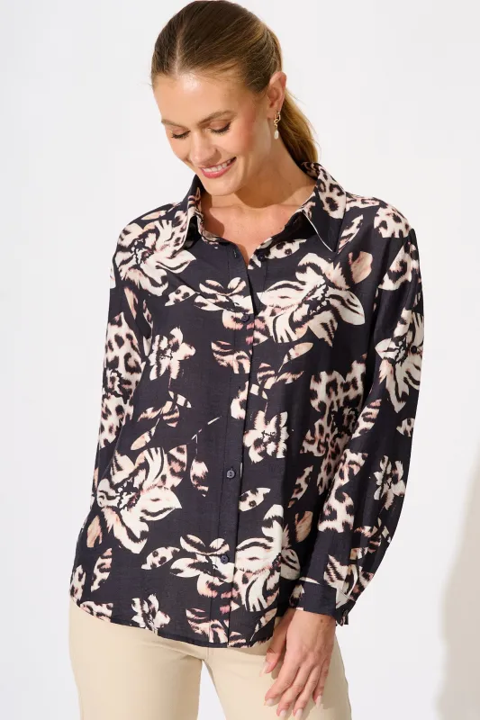 Gina Shirt in Black with Brown Print sold by St Frock