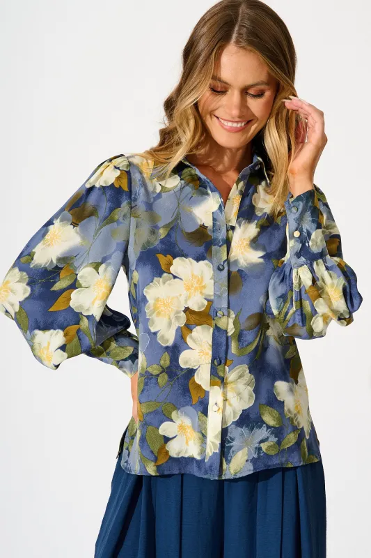Nolita Shirt in Multi Blue Floral Print Satin sold by St Frock