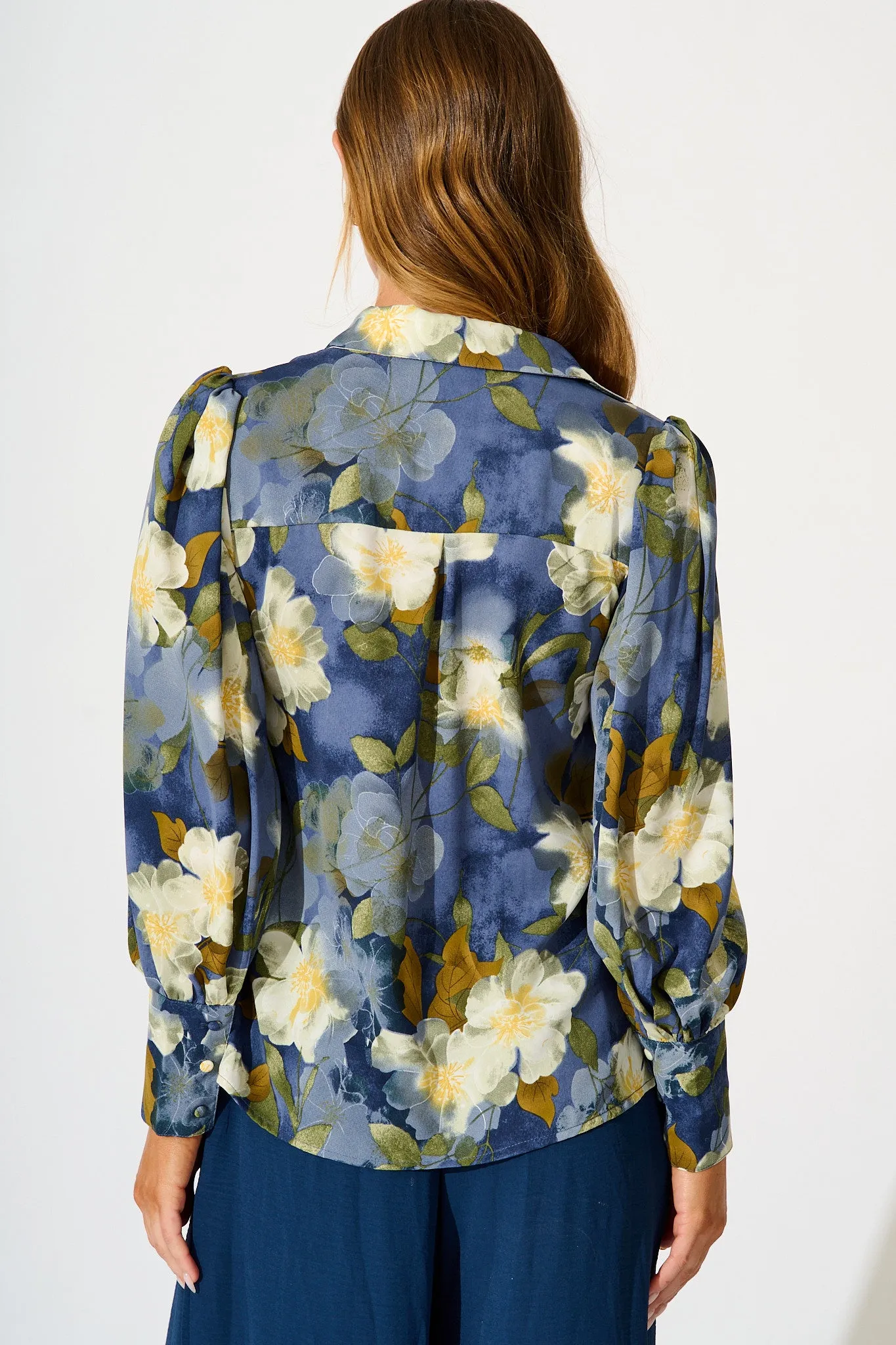 Nolita Shirt in Multi Blue Floral Print Satin sold by St Frock product image thumbnail 3