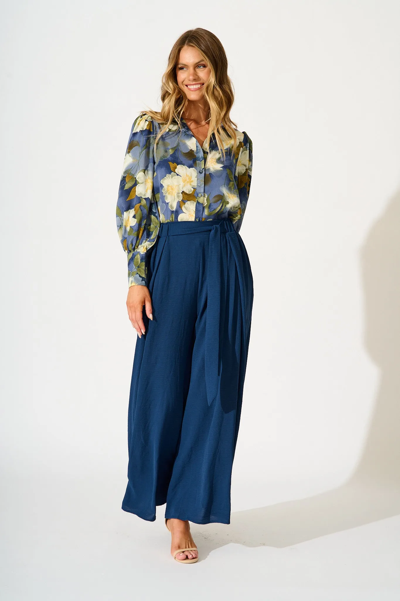 Nolita Shirt in Multi Blue Floral Print Satin sold by St Frock product image thumbnail 4