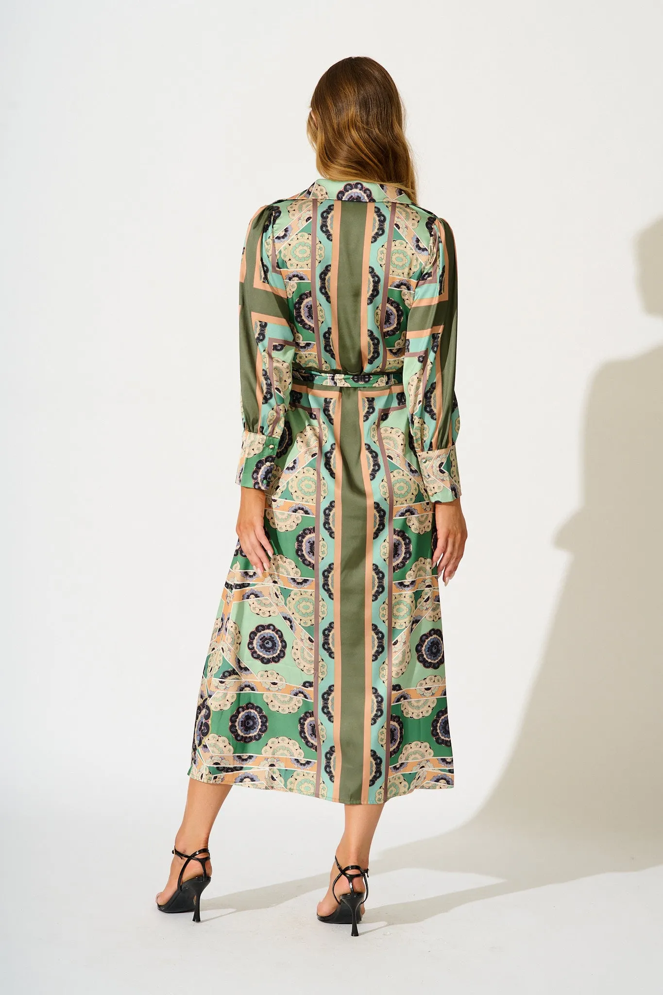Newman Maxi Shirt Dress in Multi Green Print Satin sold by St Frock product image thumbnail 4