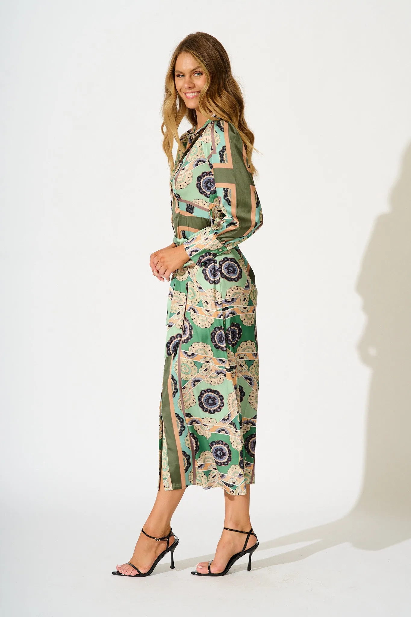 Newman Maxi Shirt Dress in Multi Green Print Satin sold by St Frock product image thumbnail 3