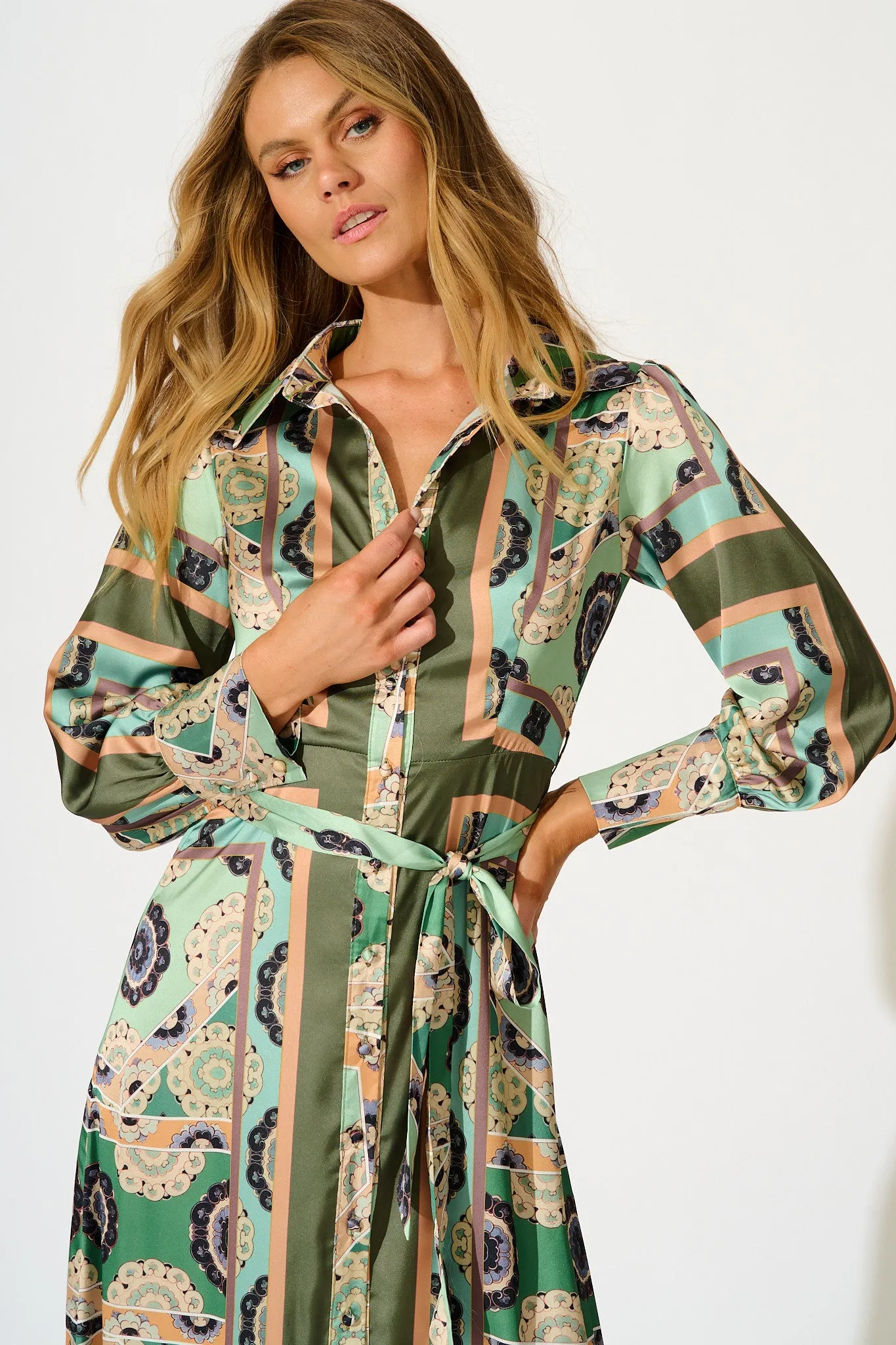 Newman Maxi Shirt Dress in Multi Green Print Satin sold by St Frock product image thumbnail 2