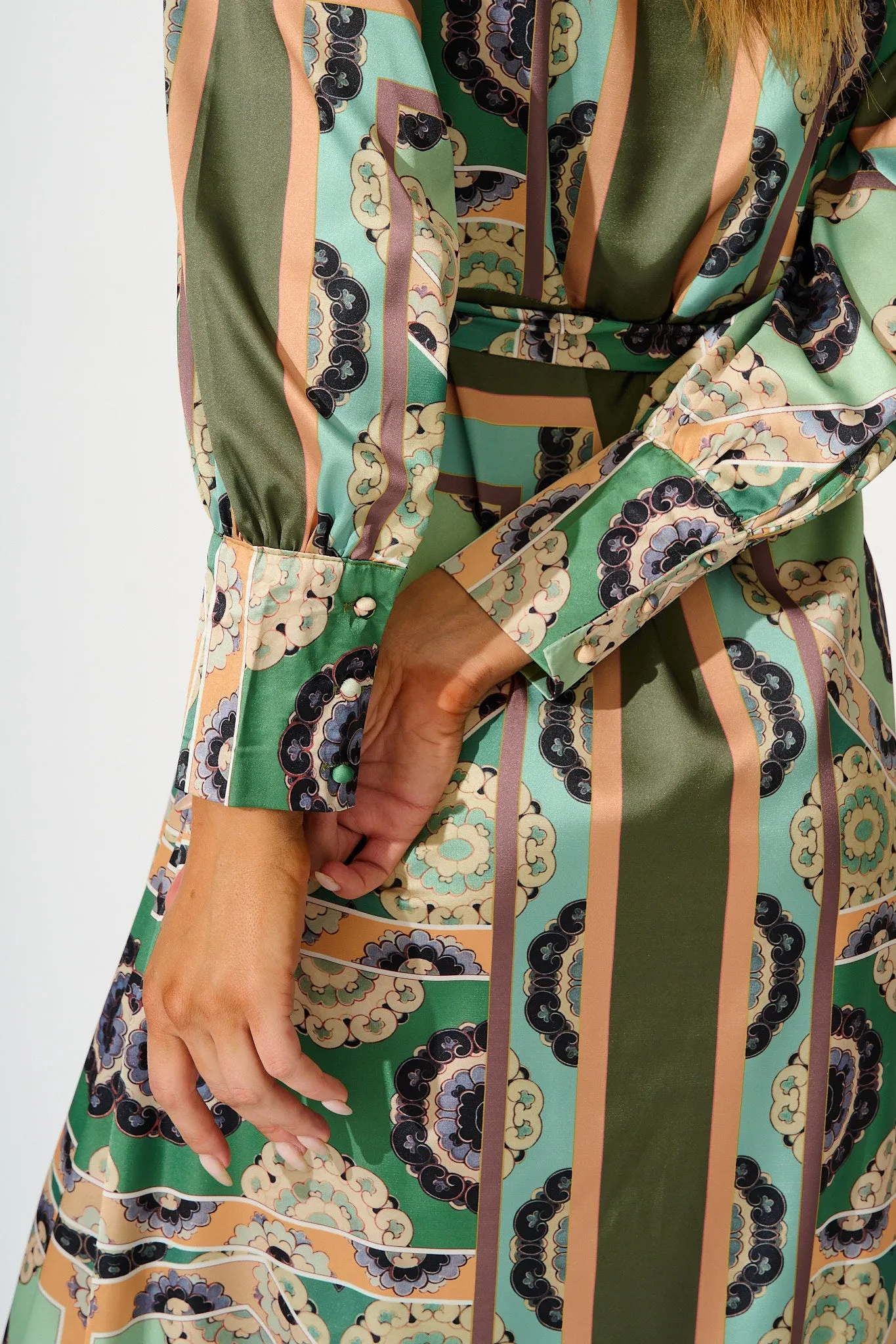 Newman Maxi Shirt Dress in Multi Green Print Satin sold by St Frock product image thumbnail 5