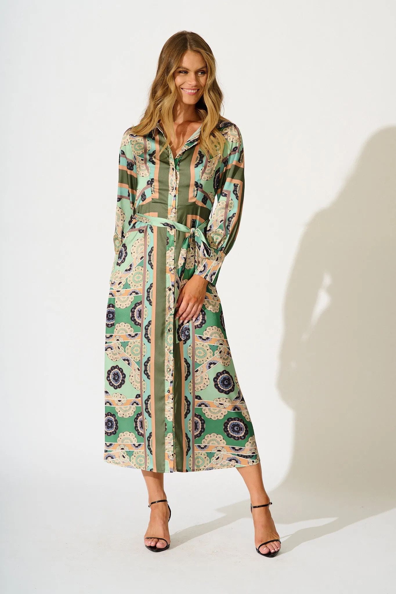 Newman Maxi Shirt Dress in Multi Green Print Satin sold by St Frock