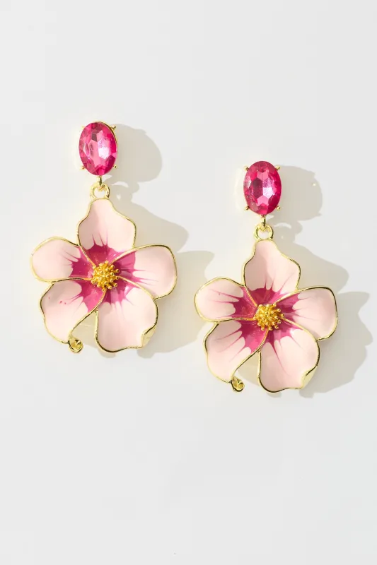 Orchid Drop Earrings in Pink Enamel with Stone sold by St Frock