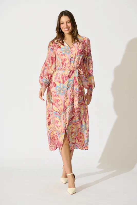 Mystic Mirage Midi Shirt Dress in Multi Pink Print sold by St Frock
