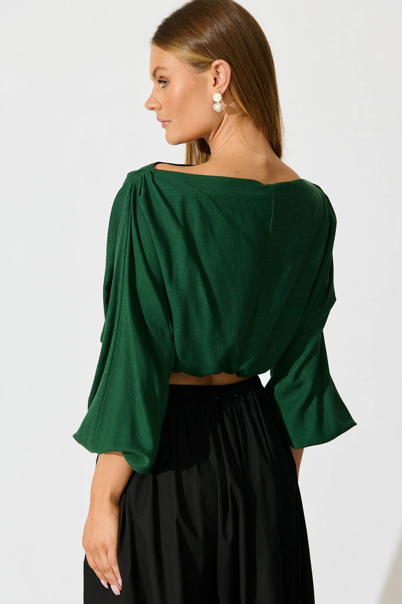Zita Off Shoulder Top in Emerald Cotton Linen sold by St Frock product image thumbnail 3