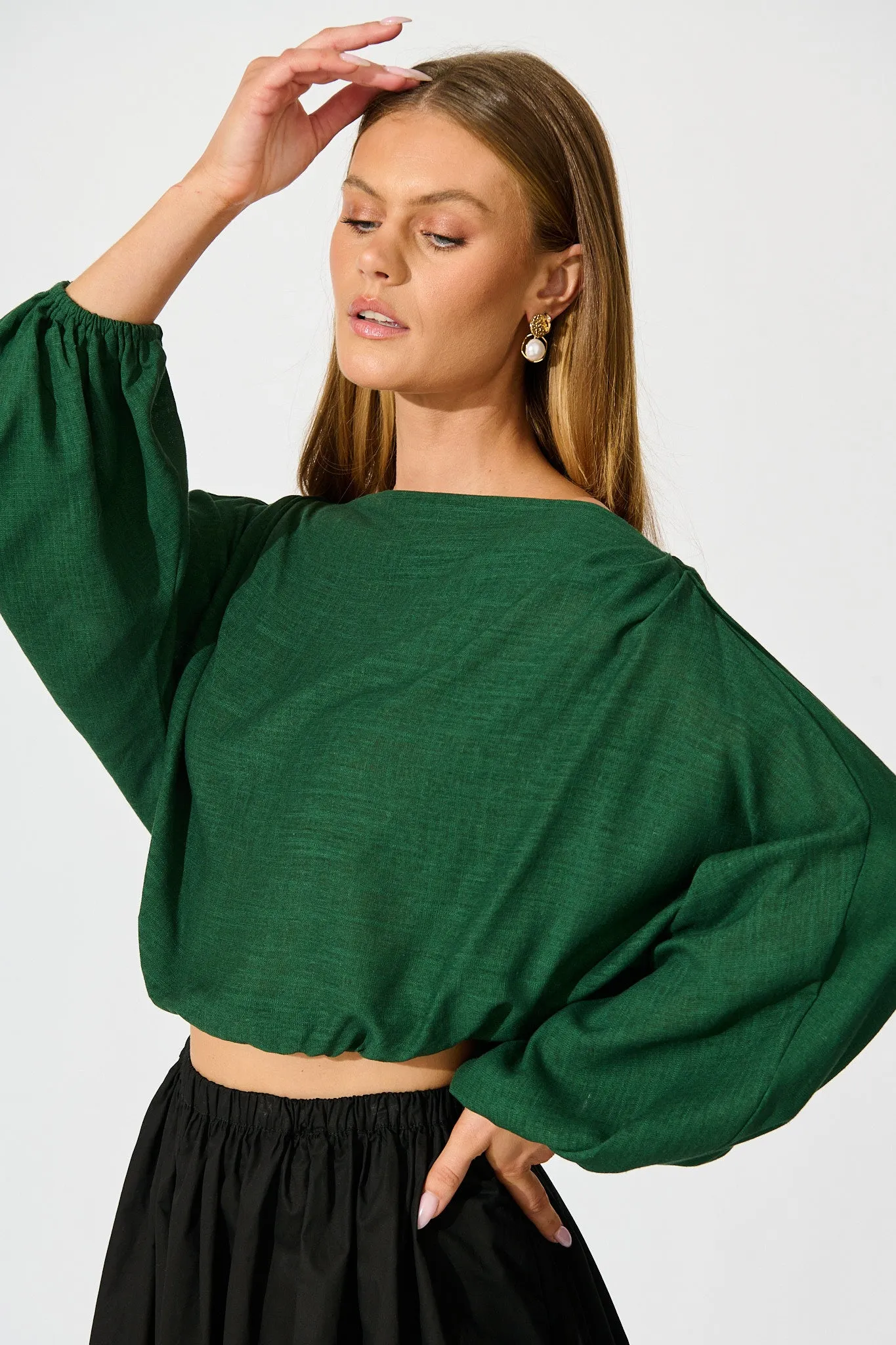 Zita Off Shoulder Top in Emerald Cotton Linen sold by St Frock product image thumbnail 5