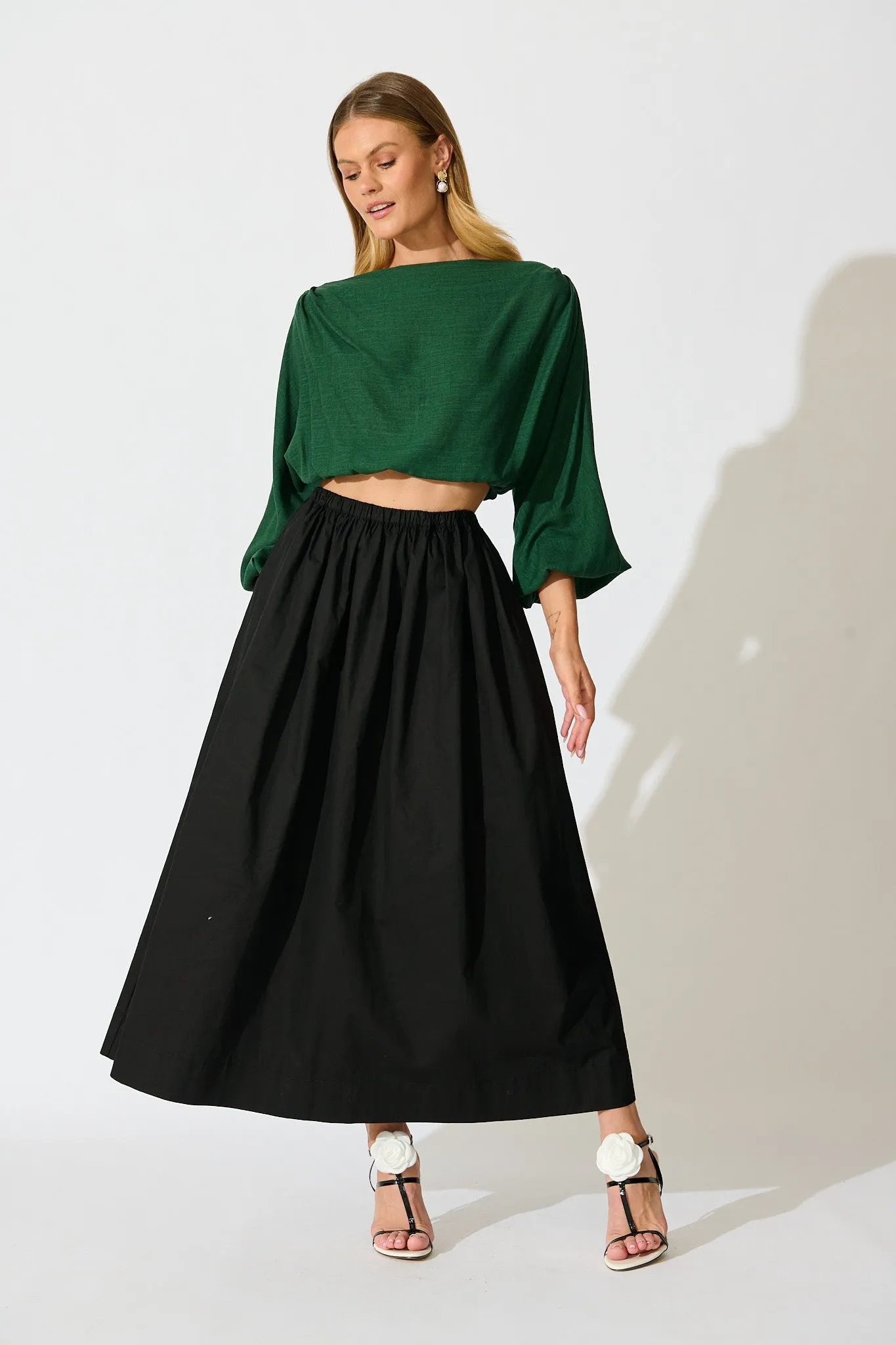 Zita Off Shoulder Top in Emerald Cotton Linen sold by St Frock product image thumbnail 4