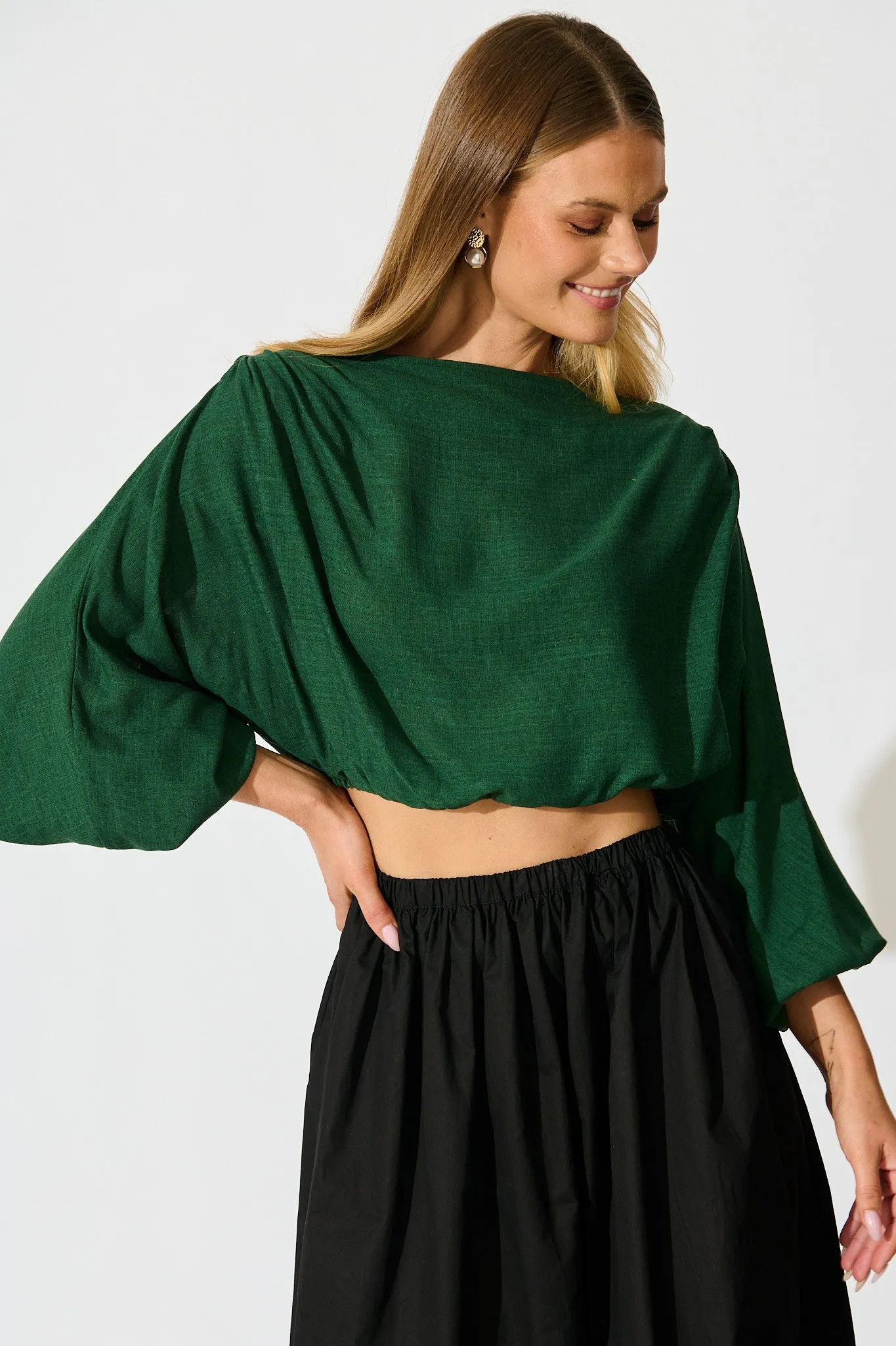 Zita Off Shoulder Top in Emerald Cotton Linen sold by St Frock