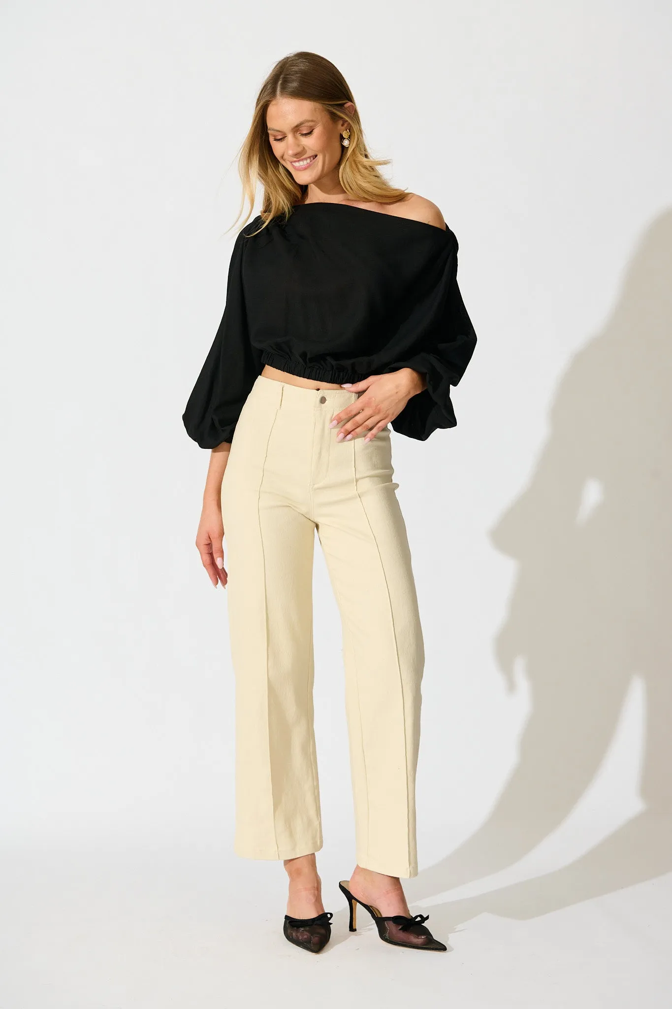 Zita Off Shoulder Top in Black Cotton Linen sold by St Frock product image thumbnail 4